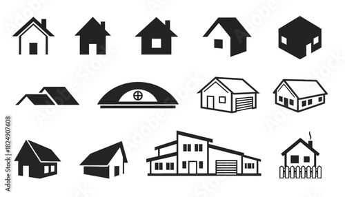Versatile collection of house and building vector icons, illustrating diverse architectural styles for real estate, residential projects, and graphic design applications