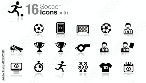 Monochrome vector icon set for soccer and football, featuring essential game elements like the ball, field, player, and trophy symbols