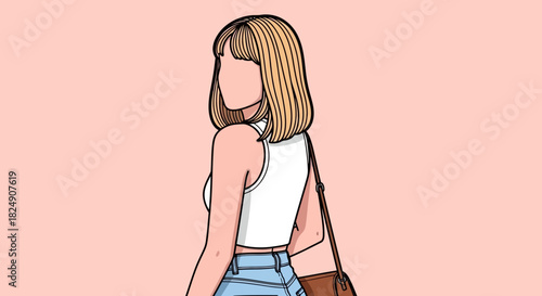 Vector illustration of a stylish faceless woman with blonde hair looking over her shoulder, wearing a casual outfit against a simple background