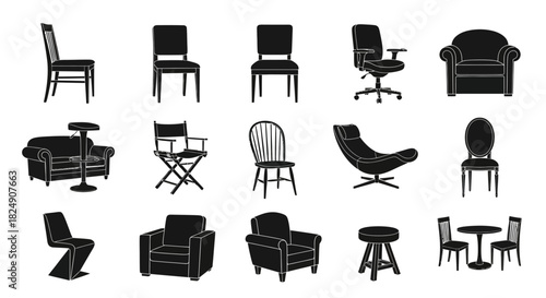 Collection of various chair designs in a clean, modern aesthetic, showcasing different furniture styles for interior decoration