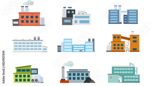 Various Industrial Buildings Vector Set for Factories and Manufacturing
