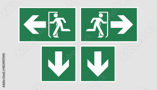 Set of universal green and white emergency exit signs, clearly indicating escape routes and safety directions for navigation in buildings and public spaces during critical situations