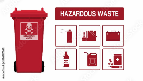 Vector illustration set of hazardous waste icons featuring a red disposal bin for chemical, toxic, and flammable materials