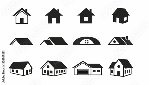 Collection of Various House Icons in Black and White, Suitable for Design and Branding Projects
