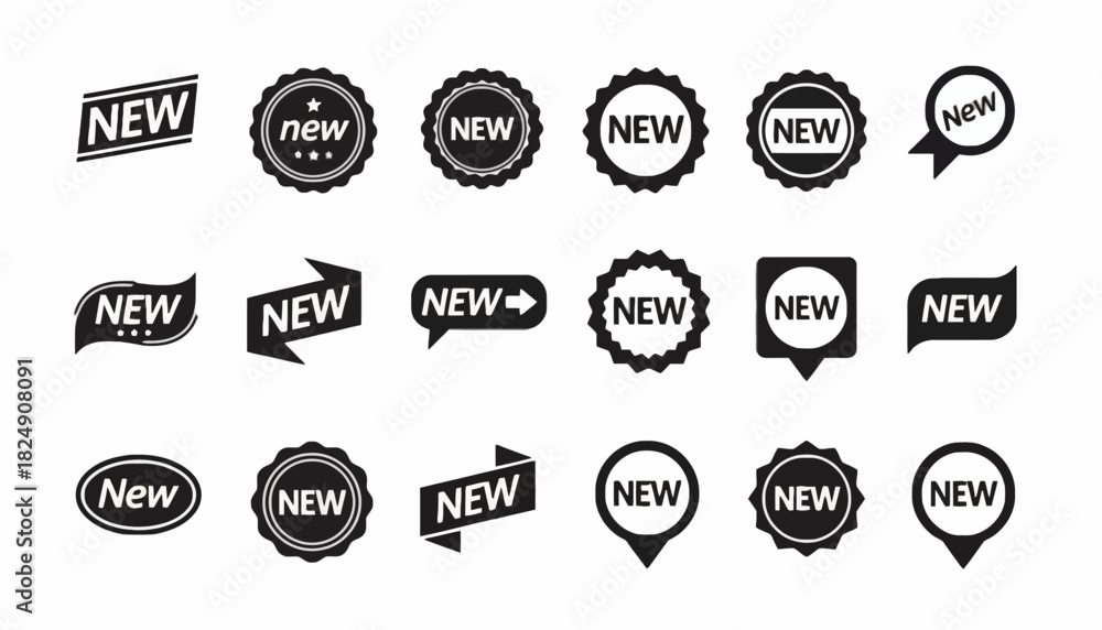 Obraz premium A comprehensive set of black 'New' sticker icons and promotional labels. Modern minimalist design elements for retail and marketing