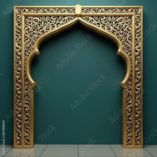 Golden ornamental archway stands on teal background. Intricate swirls decorate gilded frame. Luxurious arabesque design shows classic oriental style. Artwork suitable for invitation cards,