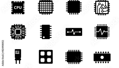 Collection of Microchip and Processor Icons representing Computer Technology and Electronics