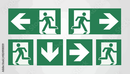 Collection of green exit signs with running figures indicating direction, including left, right, and down arrows
