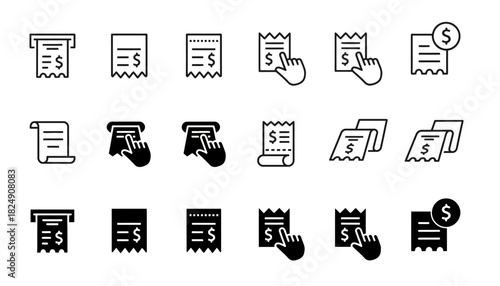 Versatile Digital Financial Document and Payment Processing Icon Set Illustrating Receipts, Invoices, and Billing Transactions for E-commerce and Business Applications