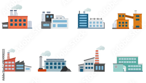 A diverse collection of industrial factory building icons, including power plants and manufacturing facilities, presented in a flat vector illustration style