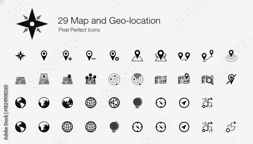 Comprehensive collection of pixel-perfect map and geo-location vector icons for modern UI/UX design projects, navigation applications, and digital travel guides