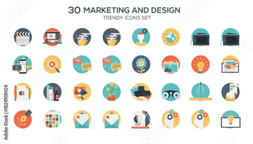 A versatile collection of modern flat design icons, representing key concepts in digital marketing, business strategy, creative development, and web technology applications