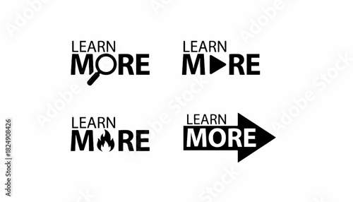 Learn More Icons Magnifying Glass, Play Button, Fire, and Arrow