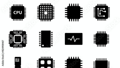 Collection of Black and White CPU Chip Illustrations for Tech Designs