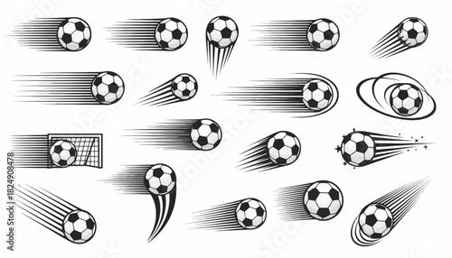 A collection of dynamic monochrome soccer balls in fast motion, featuring speed trails, action lines, and goal scoring elements for sports design