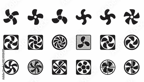 Collection of Fan Icons Diverse Designs for Cooling and Airflow, Black Silhouette Set