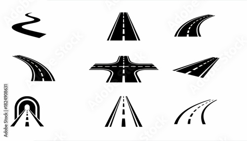 Set of black and white vector icons showing different roads and highways. Collection includes winding paths, straight perspectives, and intersections