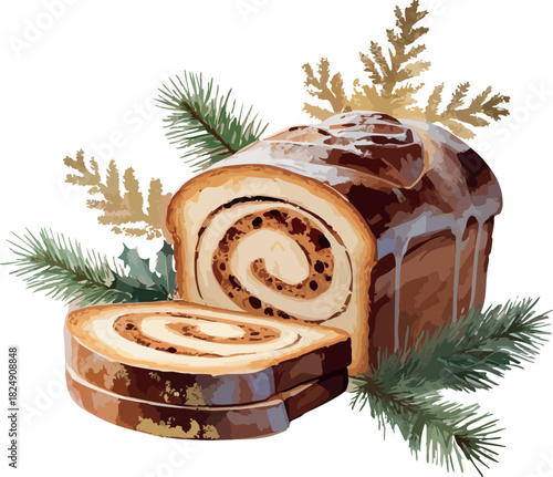 A festive swirl roll cake glazed with icing is beautifully arranged with sliced pieces and surrounded by pine branches and golden holiday foliage for a cozy Christmas mood.