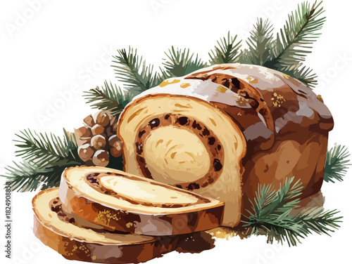 A festive sliced swirl roll cake dusted with icing is surrounded by pine branches and pinecones, creating a warm and cozy Christmas holiday atmosphere.