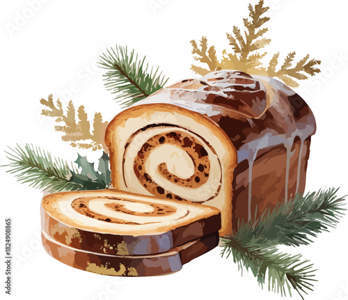 A festive swirl roll cake glazed with icing is beautifully arranged with sliced pieces and surrounded by pine branches and golden holiday foliage for a cozy Christmas mood.
