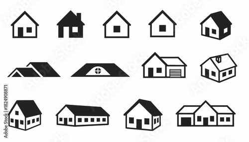 Assortment of Black and White House Icons for Design