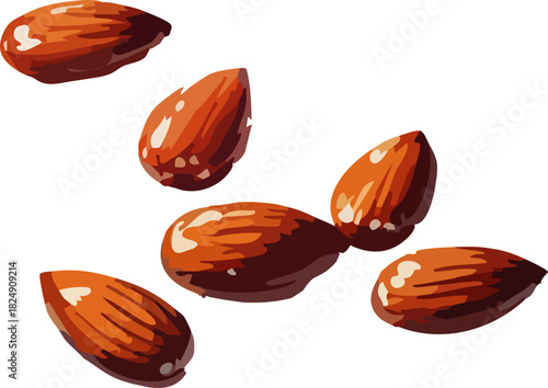 A handful of glossy, roasted almonds is scattered in a simple arrangement, showcasing their warm color and textured surface.