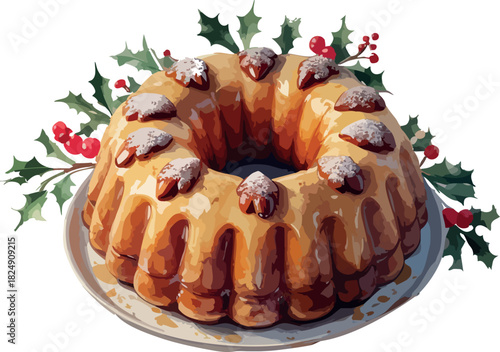 A festive glazed bundt cake decorated with powdered almonds and surrounded by holly leaves and bright red berries creates a warm and cozy holiday presentation.