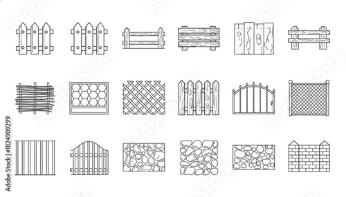 Fence Designs Vector Illustrations of Various Fence Styles for Architectural and Landscape Design