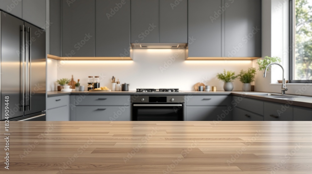 Fototapeta premium Modern kitchen interior with wooden countertop in foreground