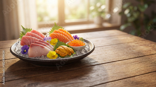 Fototapeta Naklejka Na Ścianę i Meble -  窓辺の光が彩る、贅沢な旬の刺身盛り合わせ - 新鮮な海の幸を堪能