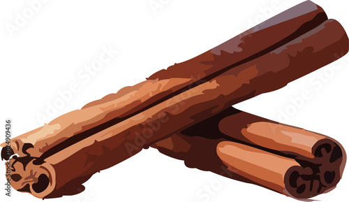 Two richly textured cinnamon sticks are illustrated in warm brown tones, crossed together and casting soft shadows.