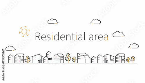 Minimalist Residential Area Illustration with Houses, Trees and Sun