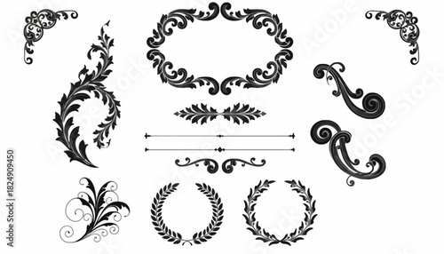 Elegant Vector Elements Decorative Flourishes, Frames, and Laurel Wreaths in Black and White