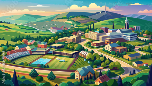 Very beautiful aerial view of Hershey, Pennsylvania, showcasing a mix of urban and suburban areas, green spaces, and gentle rolling hills under soft daylight, captured in a clean, stock-friendly style