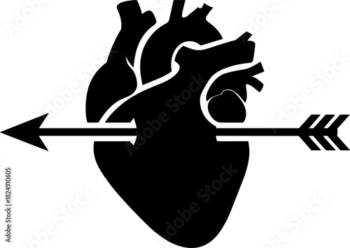Anatomical heart pierced by arrow in circular design, symbolizing love and desire