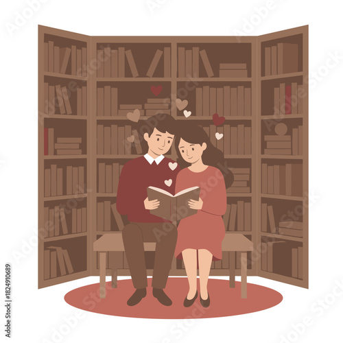 Couple reading together in library, sharing love and happiness, surrounded by books