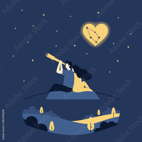 Couple stargazing with telescope, observing heart constellation, night sky and landscape