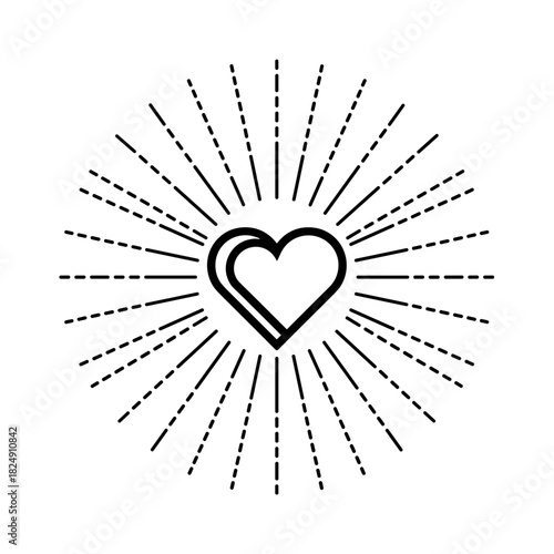 Radiant heart symbol surrounded by rays, expressing love and positivity in a bold design
