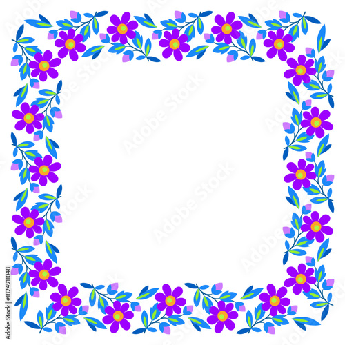 Square frame of flowers. Border of spring flowers. Bright square floral ornament. Design element of purple blue flowers on white background for card, page, etc.