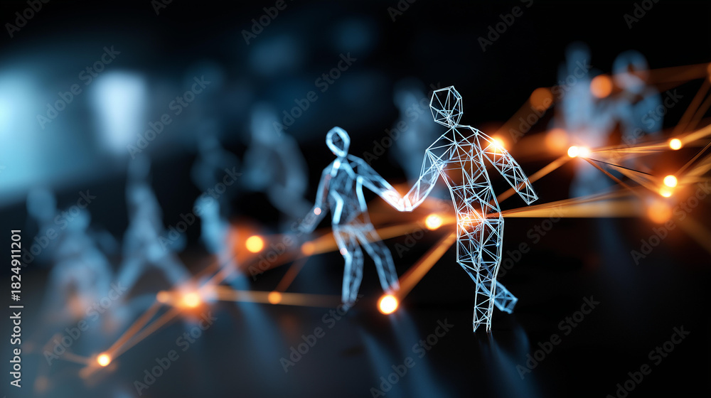 Obraz premium Illuminated network graph with connected nodes and human icons defocused dark background symbolizing recruitment social connections glowing figures display futuristic