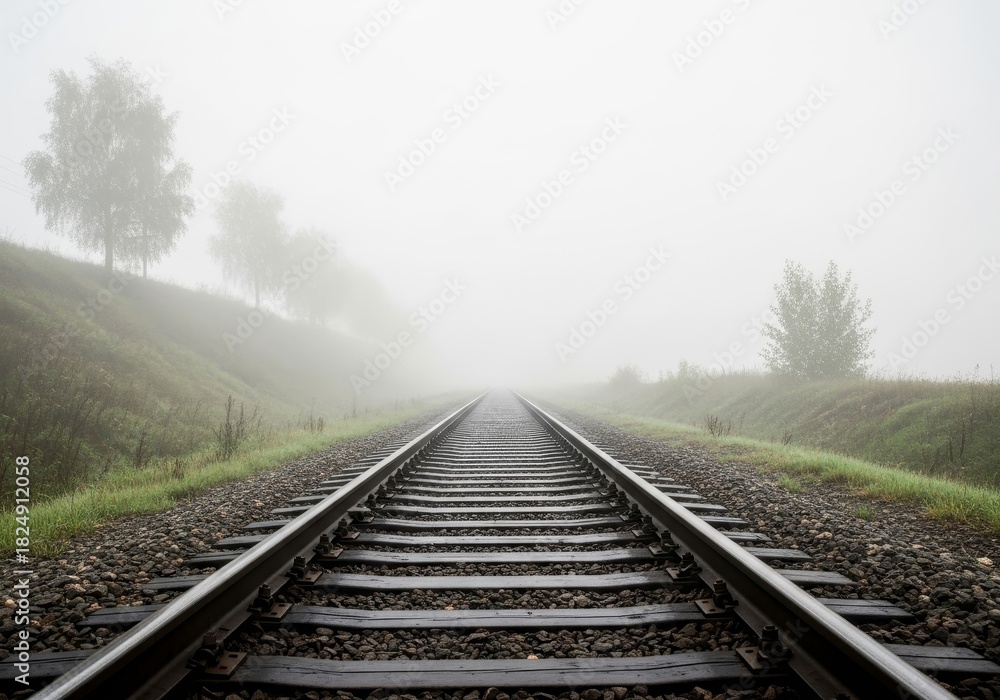 Fototapeta premium Railway tracks create strong leading lines as they disappear into a dense white mist in a green, atmospheric landscape.