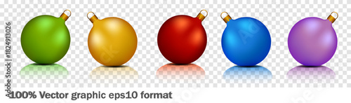 A vibrant set of 3D Christmas ornaments in colors like green, gold, red, blue, and purple. These decorative toys are perfect for adding cheer to holiday decorations