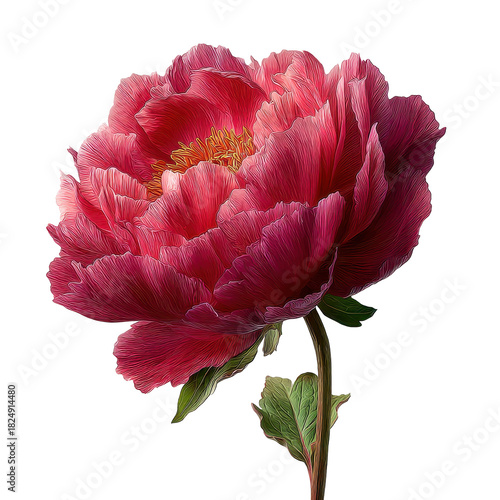 Isolated pink and white Peony flower with yellow stamens and transparent background, vibrant color beautiful bloom single