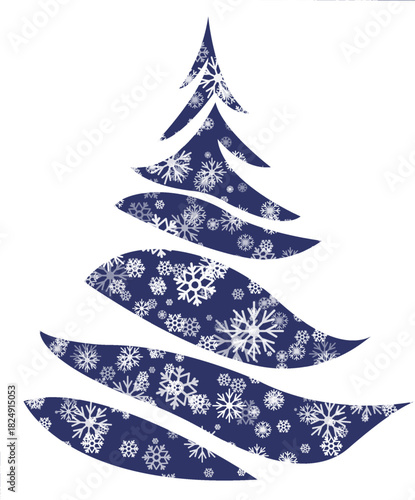 The illustration features a stylized Christmas tree with flowing shapes and intricate snowflakes in shades of blue