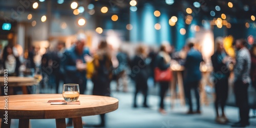 Blurred event with people, drinks, and festive lighting.