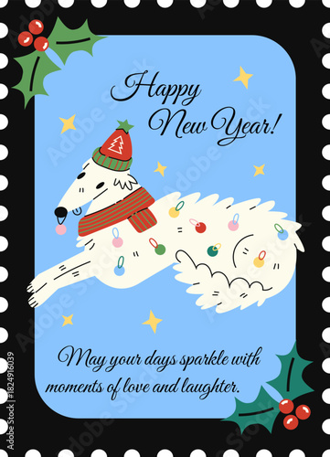 Christmas greeting card designed as a postage stamp. Funny white Borzoi dog lying down in a scarf and tree hat on a blue background. Vector illustration.