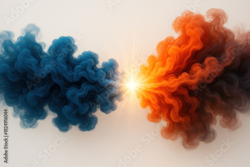 A blue and orange cloud of smoke colliding with a flash of light.