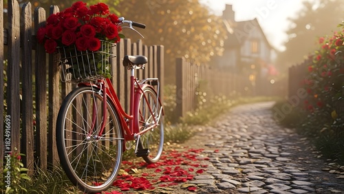 A charming red bicycle with a basket full of red roses leans against a rustic wooden fence on an autumn morning
