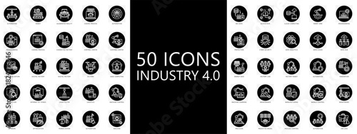Industry 4.0 icon button pack. contain automation, delivery, digital factory, robot, IOT, green industry, monitoring, process and more. Vector for print, digital UI, UX kit, web and app development.