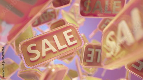 Bright Sale Signs Float In A Colorful Sky, Promoting Discounts And Shopping Deals